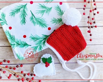 Newborn Christmas Hat & Blanket Set, Hospital Baby Outfit, Christmas Pixie, Going Home Outfit, First Christmas, Winter Photo Prop