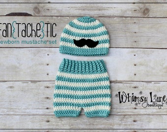 Newborn Mustache Hat And Shorts Outfit, Baby Going Home Beanie, Crochet Blue Striped Cap, Boy Photo Prop