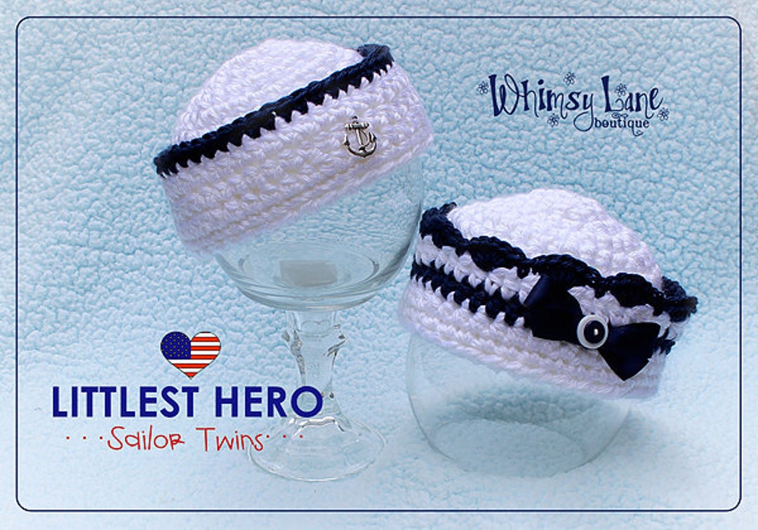 Newborn Sailor Hat, Baby Navy Hat Twin Set, Littlest Hero Collection