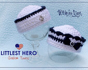 Sombrero de marinero recién nacido, Baby Navy Hat Twin Set, Littlest Hero Collection, Military Photo Prop