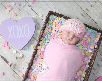 Newborn Valentines Hat, Baby Candy Heart Beanie, Conversation Heart, Valentine's Day Photo Prop