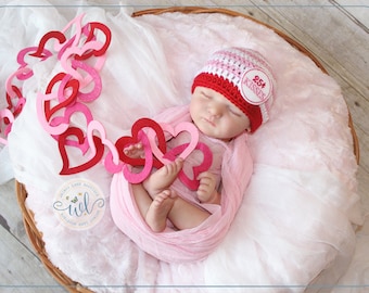 Newborn Valentine Hat, Baby Kisses For Sale, Pink Stripe Beanie, Valentine's Day Photo Prop
