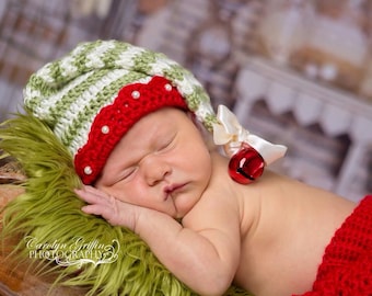 Sombrero de elfo recién nacido / Traje de Navidad para niña / Primera Navidad / Foto Prop / Traje de elfo bebé / Sombrero ayudante de Santa / Sombrero de media a rayas