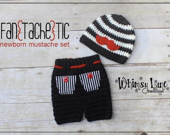 Newborn Mustache Hat And Shorts Outfit, Baby Going Home Beanie, Crochet Black Striped Cap, Boy Photo Prop