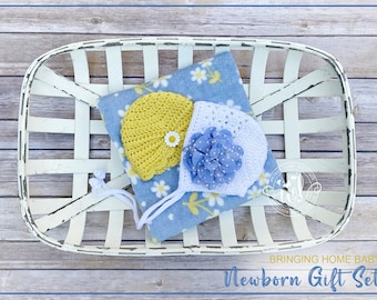 Newborn Girl Hat & Blanket Set, Hospital Baby Gift, Daisy Blanket, Going Home Outfit,  Baby Shower Present, Photo Prop