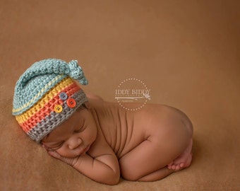 Newborn Top Knot Hat, Baby Crochet Striped Beanie, Boy Spring Photo Prop