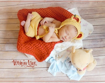 Newborn Bear Bonnet And Shorts Outfit, Baby Honey Bear Hat, Animal Costume, Yellow Photo Prop