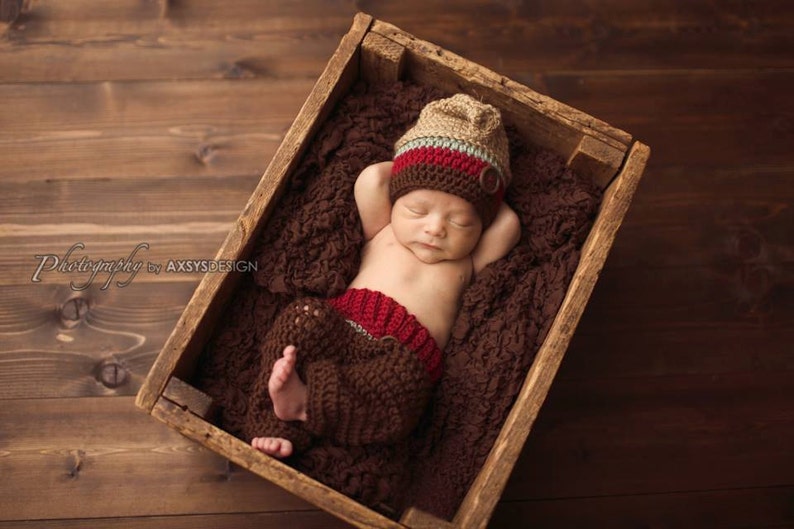 Newborn Top Knot Hat And Pants Outfit, Crochet Striped Hat, Boy Photo Prop image 2