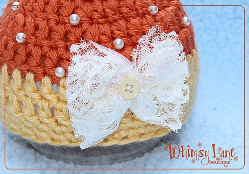 Newborn Candy Corn Hat, Baby Girl Halloween Costume, Crochet Hat With Pearls, Photo Prop image 7