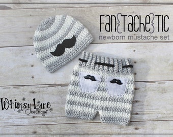 Newborn Mustache Hat And Shorts Outfit, Baby Going Home Beanie, Crochet Gray Striped Cap, Boy Photo Prop