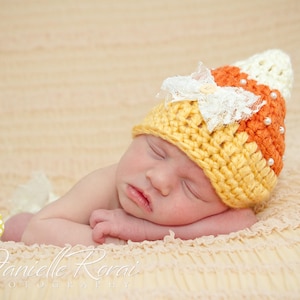 Newborn Candy Corn Hat, Baby Girl Halloween Costume, Crochet Hat With Pearls, Photo Prop image 5