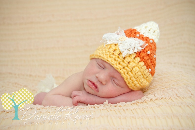 Newborn Candy Corn Hat, Baby Girl Halloween Costume, Crochet Hat With Pearls, Photo Prop image 5