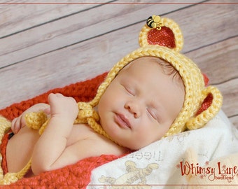 Newborn Bear Bonnet, Baby Honey Bear Hat, Animal Costume, Yellow Photo Prop