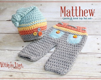 Newborn Top Knot Hat And Pants Outfit, Crochet Striped Hat, Baby Boy Photo Prop