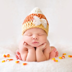 Newborn Candy Corn Hat, Baby Girl Halloween Costume, Crochet Hat With Pearls, Photo Prop image 1