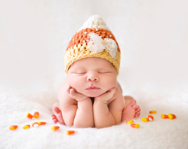 Newborn Candy Corn Hat, Baby Girl Halloween Costume, Crochet Hat With Pearls, Photo Prop image 1