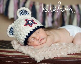 Newborn Patriotic Bear Hat, Baby Boy 4th Of July, Crochet Animal Photo Prop