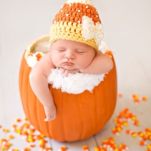 Newborn Candy Corn Hat, Baby Girl Halloween Costume, Crochet Hat With Pearls, Photo Prop image 2