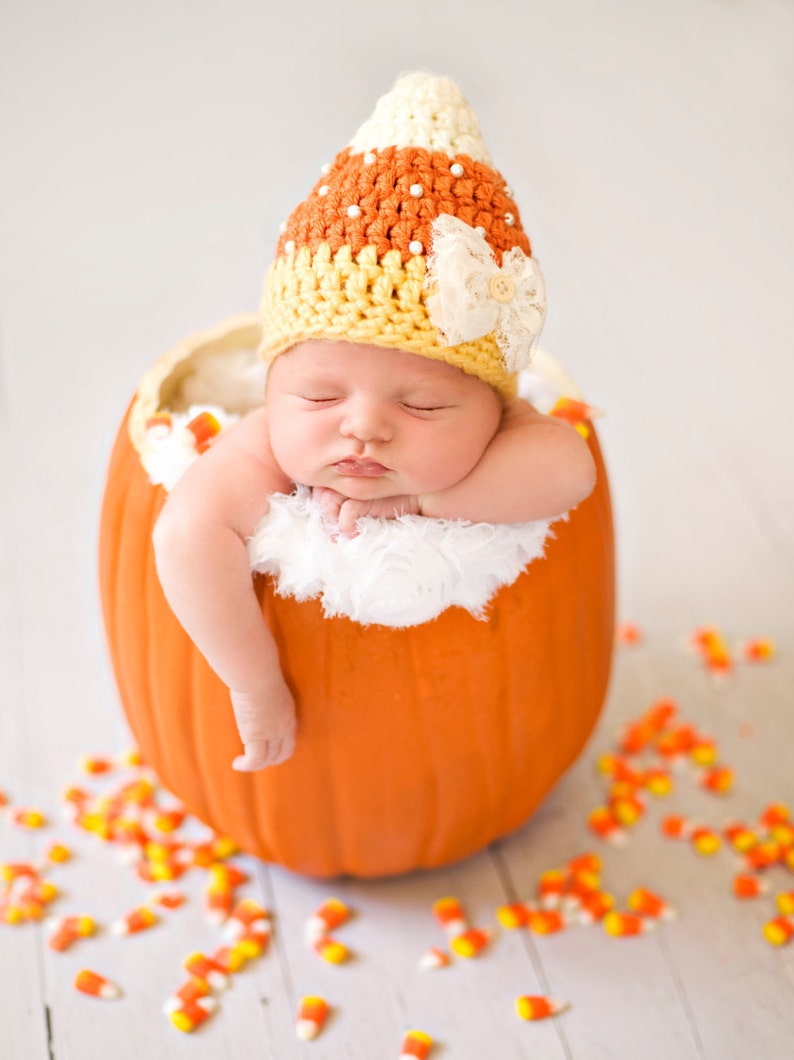 Newborn Candy Corn Hat, Baby Girl Halloween Costume, Crochet Hat With Pearls, Photo Prop image 2