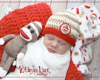 Newborn Sock Monkey Hat - Striped Hat - Baby Boy-Photo Prop - Newborn Hospital Hat