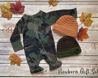 Newborn Hunting Outfit | Baby Camo Pajamas | Orange Hunting Hat | Daddy's Hunting Buddy | Coming Home Outfit |  Newborn Photo Prop | Preemie