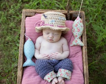 Newborn Fishing Hat And Pants With Fish Set, Baby Girl Fisherman Hat With Fish Outfit, Crochet Photo Prop