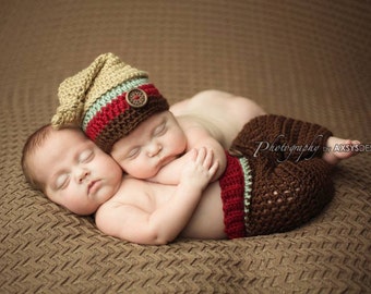 Traje de pantalones y sombrero con nudo superior para recién nacido, sombrero a rayas de ganchillo, accesorio para fotografía de niño