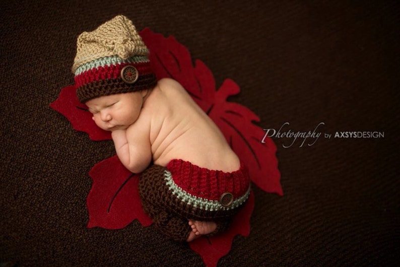 Newborn Top Knot Hat And Pants Outfit, Crochet Striped Hat, Boy Photo Prop image 5