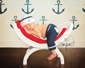 Newborn Sailor Outfit | Baby Navy Hat And Pants Set | Newborn Military Uniform | Nautical Nursery | Beach Outfit | Patriotic Baby Boy Prop