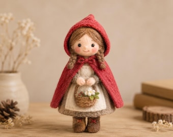 Naaldvilt pop van roodkapje, handgemaakt sprookjesmeisje beeldje, decor bos kinderkamer, Cottagecore verhalenboek cadeau