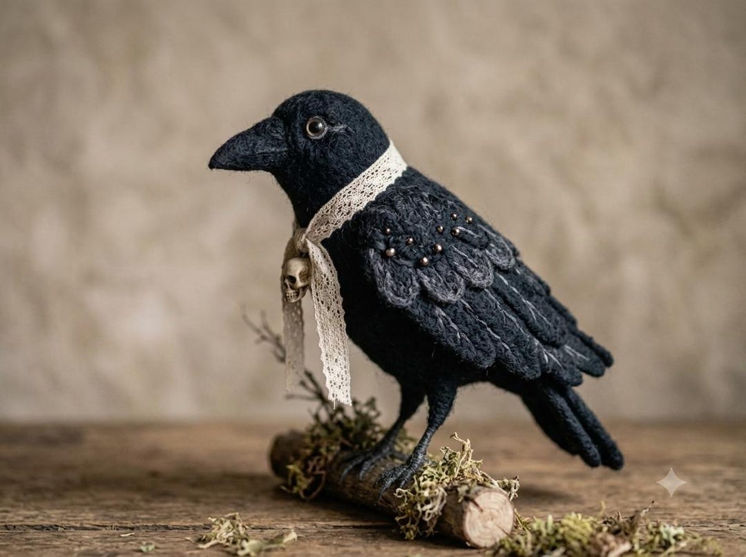 Needle Felt Raven Figurine, Gothic Crow Decor, Halloween Bird Sculpture ...
