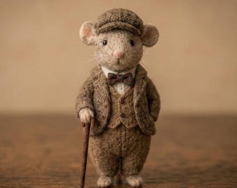 Needle Felt Gentleman Mouse Figurine, Handmade Wool Felt Mouse with Cane, Vintage Storybook Animal, Cottagecore Shelf Decor Gift