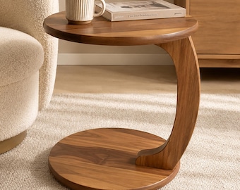 C-shaped rolling mobile MDF veneer wood painted walnut black white side table modern sofa
