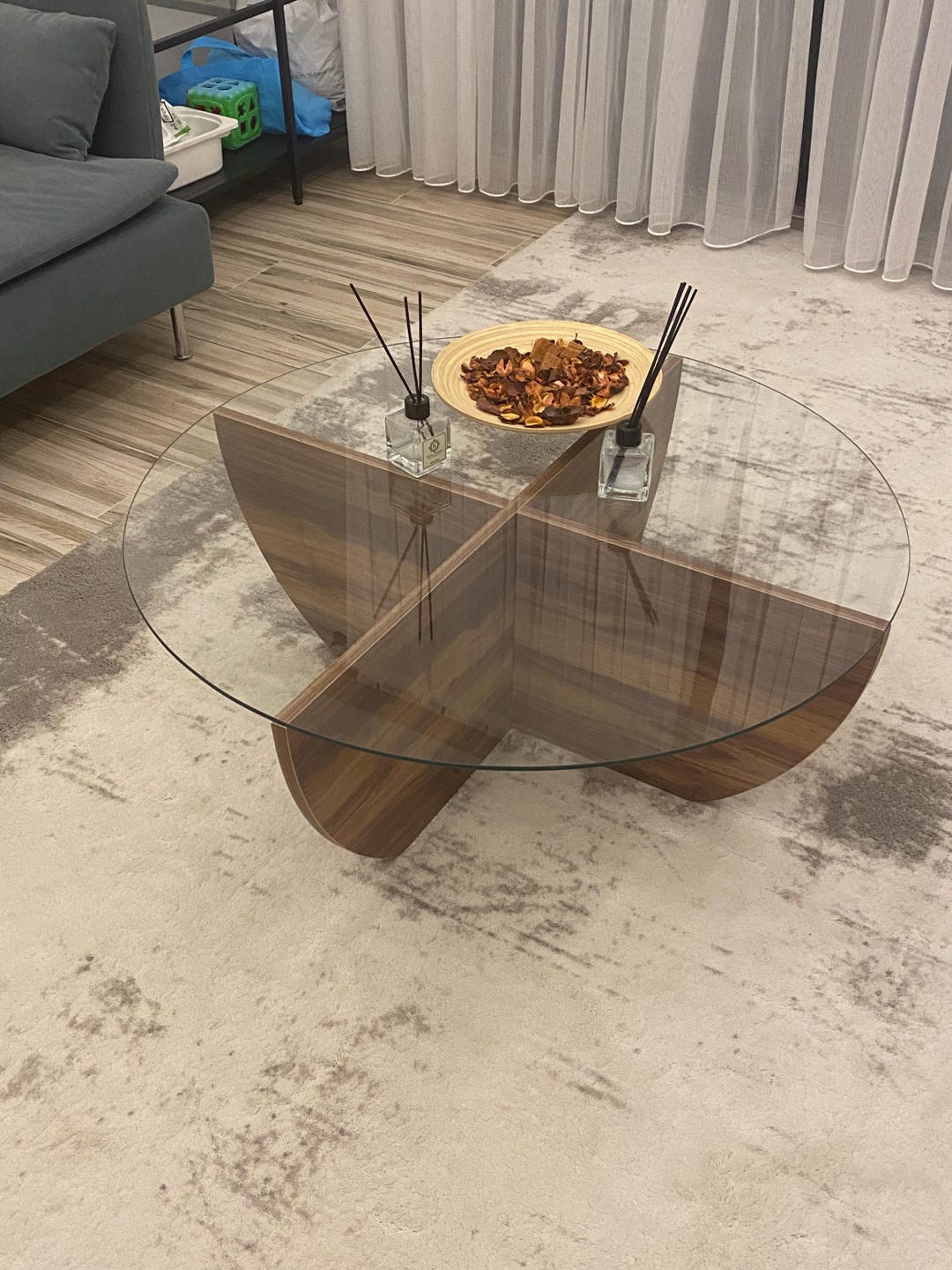Modern Walnut Round Tempered Glass Coffee Table With Wooden Cross Base ...