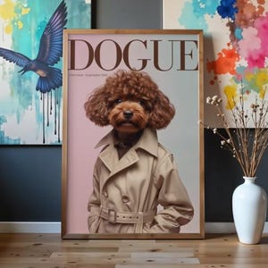 Póster de portada de revista de moda con retrato de Cavapoo Dogo, arte digital