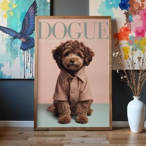 Póster de portada de revista de moda con retrato de Cavapoo Dogo, arte digital