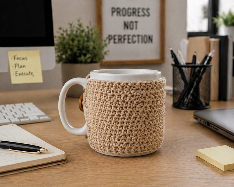 May include: A white ceramic mug with a tan crocheted cozy, sitting on a wooden desk. The mug has a large handle and a wooden button detail on the cozy. A notepad, pen, and sticky notes are also on the desk.