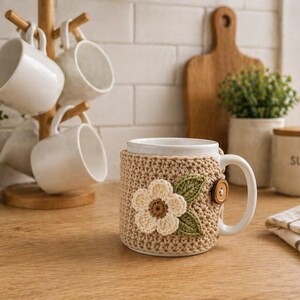 May include: A white ceramic mug with a beige crochet cozy featuring a cream-colored flower and green leaves. A wooden mug tree holds four additional white mugs. A wooden cutting board and a sugar jar are in the background.