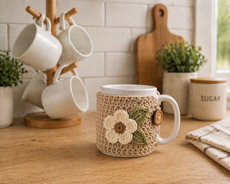 May include: A white ceramic mug with a beige crochet cozy featuring a cream-colored flower and green leaves. A wooden mug tree holds four additional white mugs. A wooden cutting board and a sugar jar are in the background.
