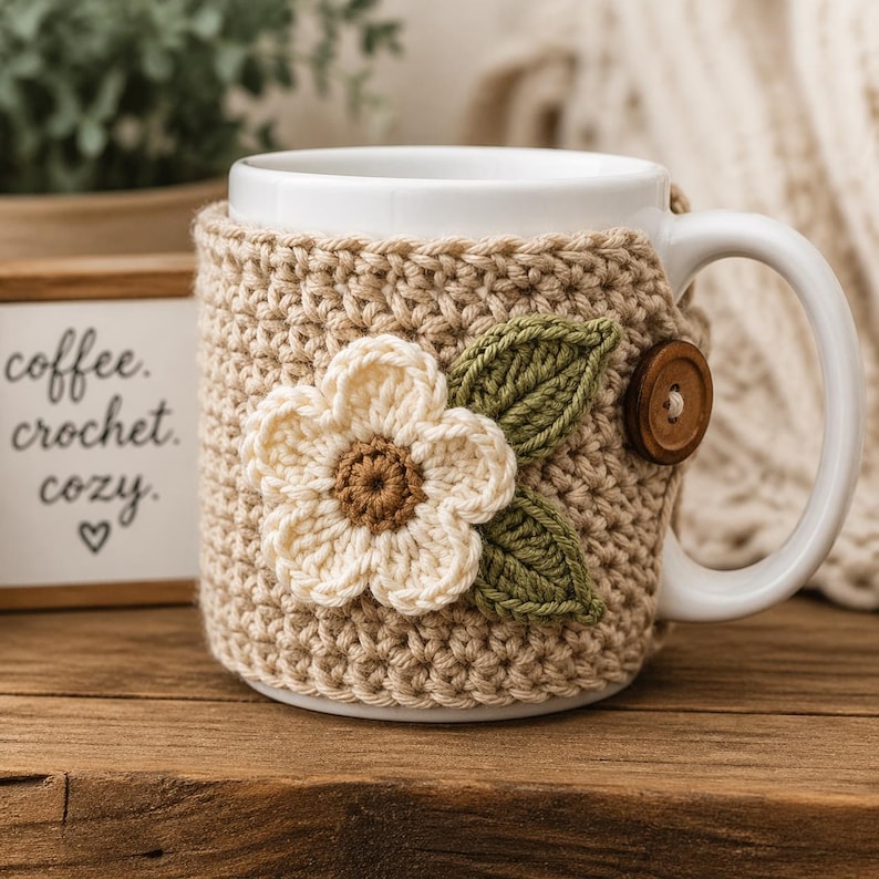 May include: A white ceramic mug with a crocheted cozy. The cozy is beige with a cream-colored flower and green leaves. A wooden button secures the cozy. The mug is on a wooden surface. The text "coffee. crochet. cozy." is visible.