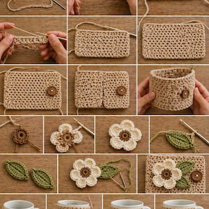 May include: Step-by-step guide to crocheting a mug cozy. The tutorial shows the process of creating a beige cozy, a flower, and leaves. The finished cozy is beige with a cream flower and green leaves, and a wooden button.
