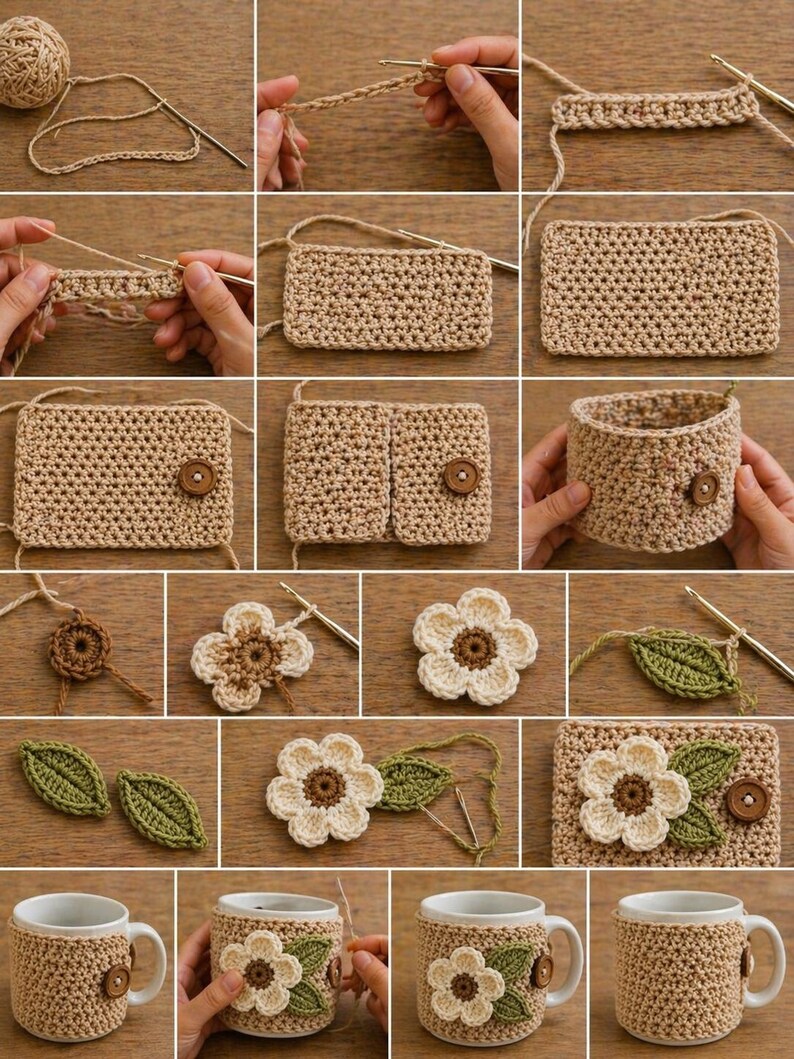 May include: Step-by-step guide to crocheting a mug cozy. The tutorial shows the process of creating a beige cozy, a flower, and leaves. The finished cozy is beige with a cream flower and green leaves, and a wooden button.