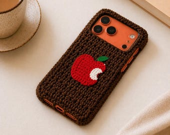 Hand-Crocheted Apple Phone Case, Soft Cotton iPhone Sleeve, Bite Detail Pouch