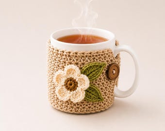 Floral Crochet Mug Cozy Pattern PDF, Easy Coffee Cup Sleeve, Beginner Mug Warmer