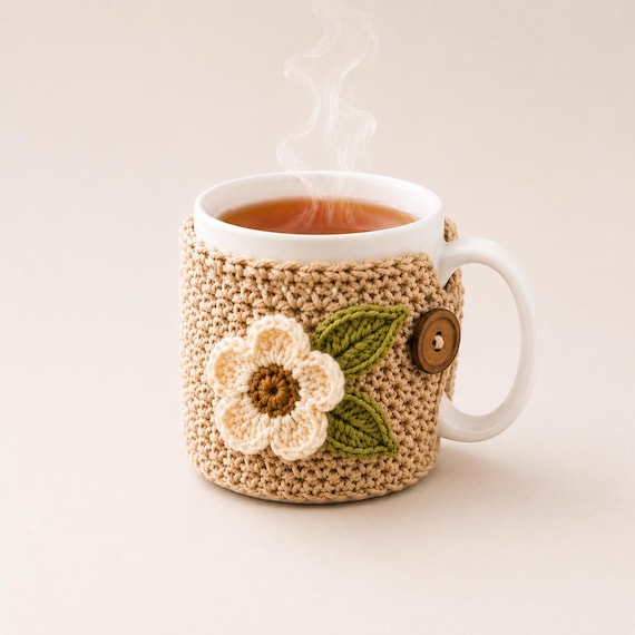 Floral Crochet Mug Cozy Pattern PDF, Easy Coffee Cup Sleeve, Beginner Mug Warmer