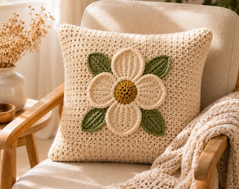 Textured Floral Crochet Cushion Cover Pattern PDF, Boho Pillow Decor (Digital Download)