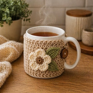 May include: A white ceramic mug filled with tea, wrapped in a beige crocheted cozy. The cozy features a cream-colored flower with a brown center and green leaves, secured with a wooden button. Steam rises from the mug.