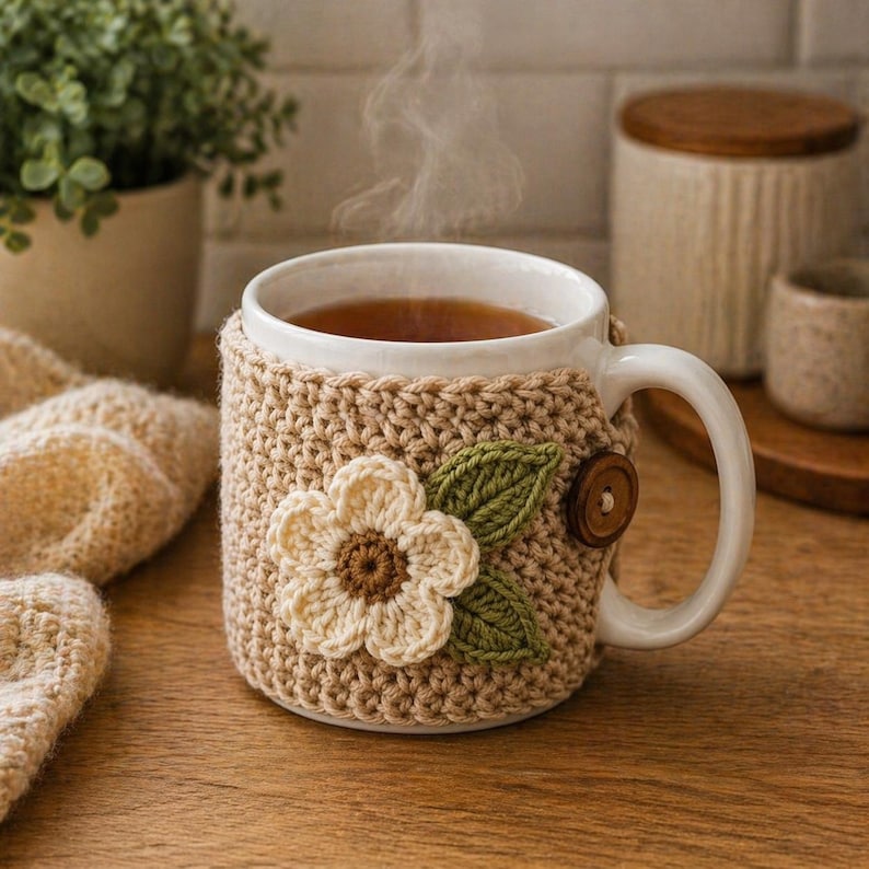 May include: A white ceramic mug filled with tea, wrapped in a beige crocheted cozy. The cozy features a cream-colored flower with a brown center and green leaves, secured with a wooden button. Steam rises from the mug.