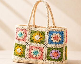 Crochet Market Bag Pattern, Floral Granny Square Tote, Boho Beach Bag (PDF Download)