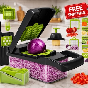 May include: A black and lime green vegetable chopper with a clear plastic collection container filled with diced red onion. The set includes multiple interchangeable stainless steel blades, a handheld press tool, and a storage case for blades.